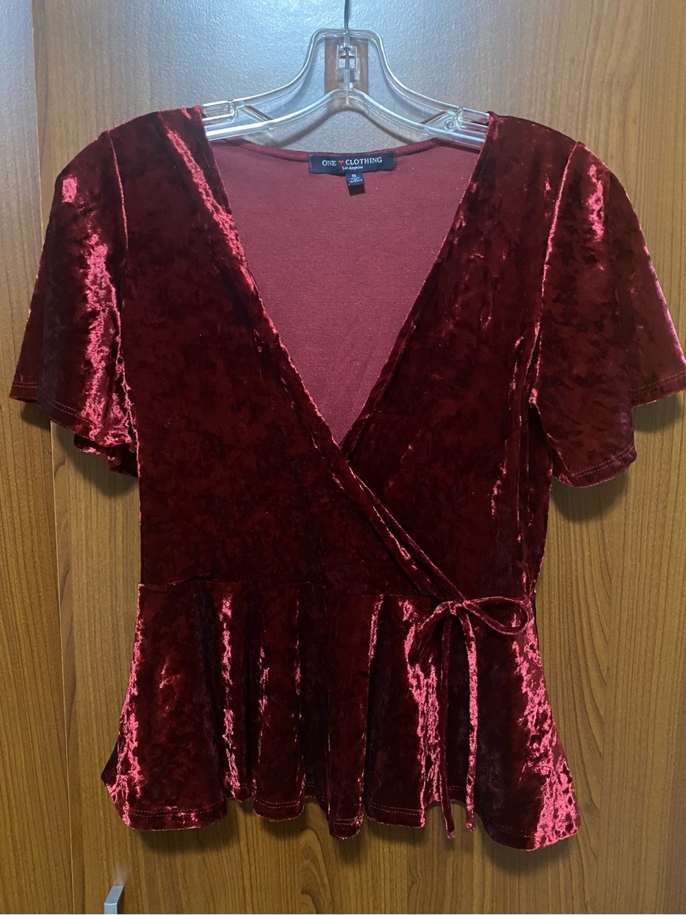 one clothing burgundy crushed velvet wrap peplum top